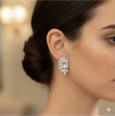 Büyük Kristal Taşlı Yaprak Detaylı Kadın Abiye Küpe – Işıltılı Lüks Model — fotoğraf 3
