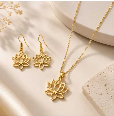 Lotus Çiçeği Çelik Kolye Küpe Seti Gold Renk Kararma Yapmaz — fotoğraf 3