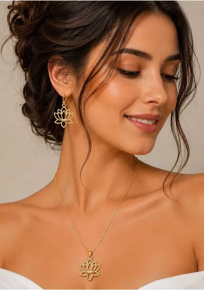 Lotus Çiçeği Çelik Kolye Küpe Seti Gold Renk Kararma Yapmaz — fotoğraf 2